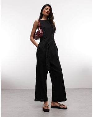 Monki Linen Sleeveless Wide Leg Jumpsuit With Tie Belt Detail - Black