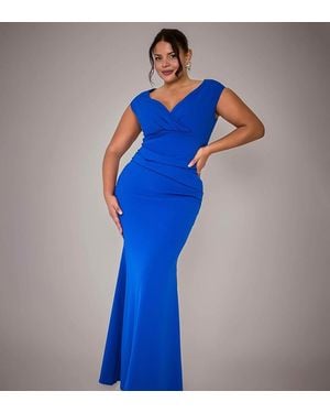 Goddiva Plus Bardot Pleated Maxi Dress - Blue