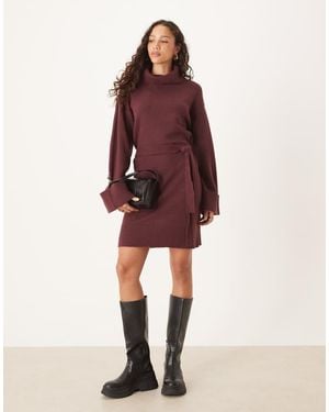 Vila Tie Waist High Neck Knitted Mini Dress - Red