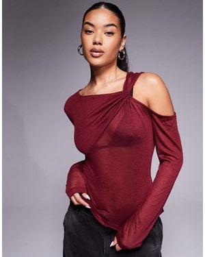 ASOS Knit-look Semi Sheer Long Sleeve Top With Drape Cold Shoulder - Red