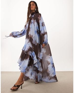 TFNC London Chiffon High Neck Tiered Hem Maxi Dress - Blue