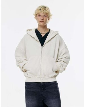 Pull&Bear Felpa Bianco Sporco Sfrangiata Con Cappuccio E Zip