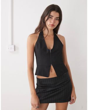 Monki Halter Neck Open Back Zip Front Vest - Black
