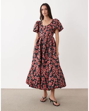Sister Jane Floral Jacquard Puff Sleeve Midi Dress - Blue