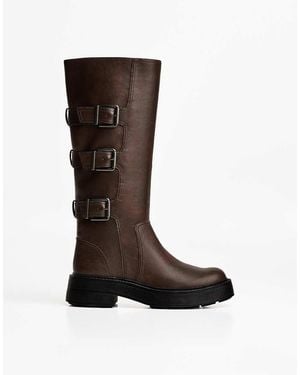Bershka Flat Boots With Buckles - Brown