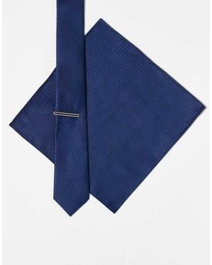 ASOS Set De Corbata Con Alfiler Y Pañuelo De Bolsillo De Satén Texturizado De - Azul
