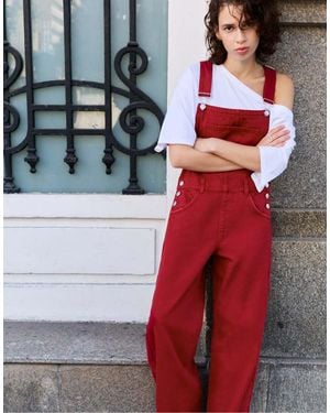 Pull&Bear Long Denim Dungarees - Red