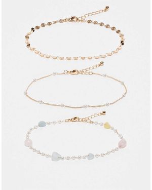 ASOS Set Van 3 Enkelbandjes Met Echte Halfedelsteen En Imitatieparels - Grijs