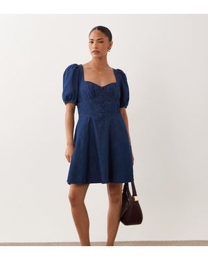 Nobody's Child Petite Tulla Denim Sweetheart Neckline Puff Sleeve Mini Dress - Blue