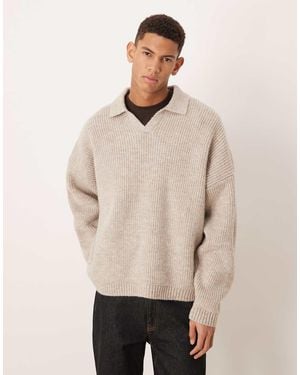 ASOS Super Oversized Boxy Fit Knitted Fisherman Rib Notch Neck Jumper - Natural