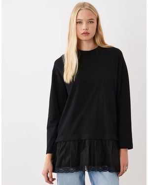 ASOS Long Sleeve Lace Trim Long T-shirt - Black