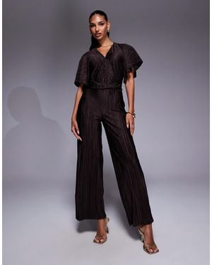 ASOS Plisse Plunge Short Sleeve Wrap Waist Jumpsuit - Natural