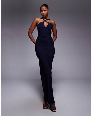 Vesper Bengaline Keyhole Halterneck Maxi Dress - Blue