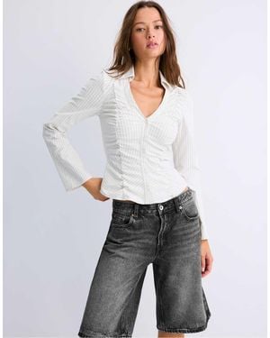 Stradivarius Gathered V-Neck Shirt - White