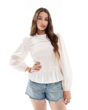ASOS Shirred And Lace Insert Detail Long Sleeve Top - White