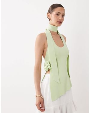 SNDY'S Knit Halter Scarf Neck Detail Top - Green