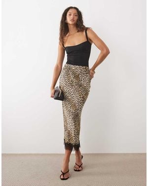 New Look Lace Trim Leopard Midi Skirt - Natural