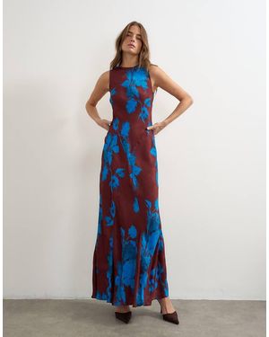 TOPSHOP Vestido Midi Con Cuello Nadador En Jacquard Floral Oscuro - Azul