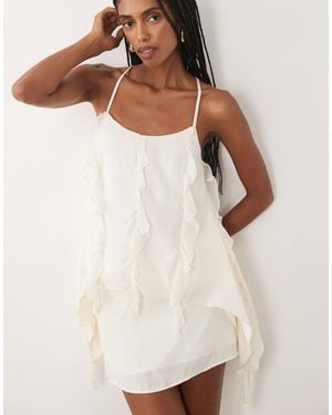 SNDY'S Chiffon Ruffle Drape Cross Back Cami Top - Natural