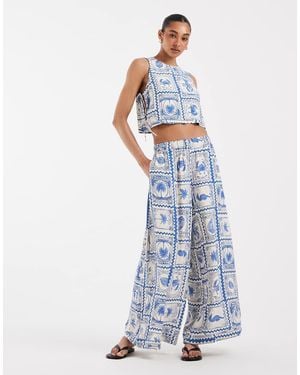 Object Pantaloni A Palazzo Super Ampi E Bianchi Con Stampa Stile Cartolina - Blu