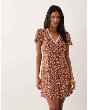 New Look Lace Trim Mini Tea Dress - Natural