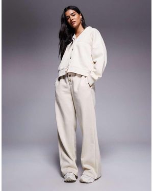 Kaiia Cotton Blend Embroidered Logo Button Detail Wide Leg joggers Co-ord - Natural