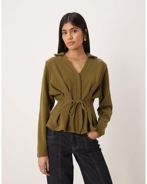 ASOS Supersoft Tie Detail Cinched Long Sleeve Polo Top - Green