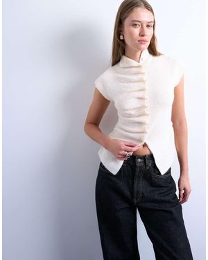 TOPSHOP Knitted Ruffle Button Top - Grey