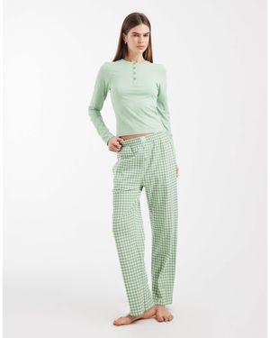 Brave Soul Cotton Long Sleeve Henley T-shirt And Gingham Pants Pyjama Set - Green