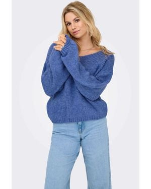 Jdy Dinea gerippter strickpullover mit v-ausschnitt und überschnittenen schultern - Blau
