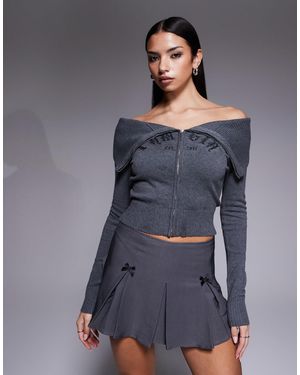 I.AM.GIA Ribbed Trim Foldover Bardot Logo Detail Zip Up Sweater - Grey