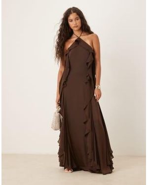 Six Stories Exclusive Halter Ruffle Maxi Dress - Brown