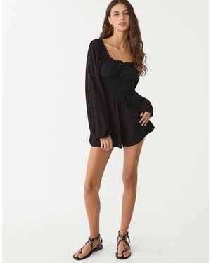 Stradivarius Shirred Waist Long Sleeve Playsuit - Black