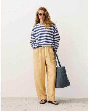 Oysho Lyocell Blend And 24% Linen Straight Trousers - Blue