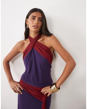ASOS Co-Ord Soft Touch Contrast Tie Neck Halter Neck - Purple