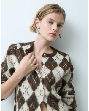 Miss Selfridge Brushed Argyle Check Cardigan - Gray