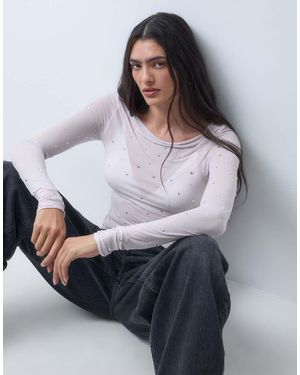 Monki Boatneck Long Sleeve Top With Stud Detail - Grey