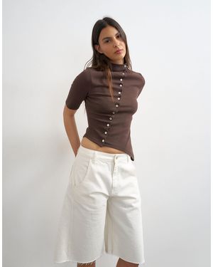 TOPSHOP High Neck Ruffle Button Through Half Sleeve Top - White