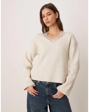 ASOS Deep V Neck Knitted Jumper With Lace Trims - White