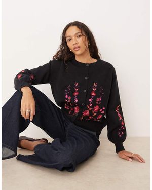 Lovedrobe Floral Embroidery Cardigan - Blue