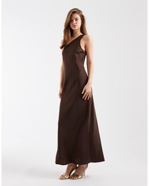 Object One Shoulder Satin Maxi Dress - Brown