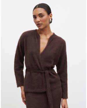Pretty Lavish Fluffy Knit Tie Waist Cardigan - Brown