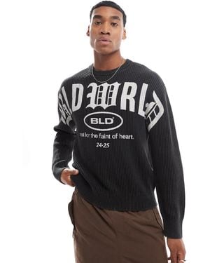 Bershka Washed Ribbed Sweater With Graphic - Black
