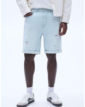 Pull&Bear Gescheurde Slim-Fit Denim Bermudashort - Blauw