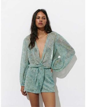 Pull&Bear Printed Gathered Romper - Green