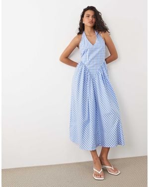 Y.A.S Halter Neck Waist-detail Gingham Maxi Dress - Blue