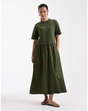 Threadbare Poplin Short Sleeve Midi Dress - Green