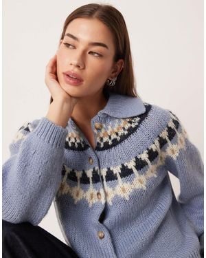 Aware Chunky Wool Mix Fairisle Knitted Polo Neck Cardigan - Blue