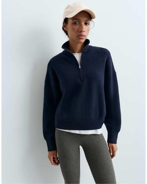Oysho Cotton-Blend Half-Zip Knit Jumper - Blue