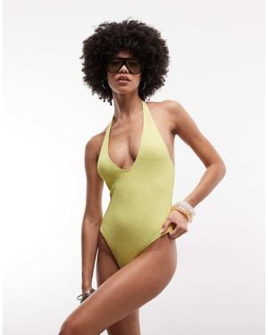 Monki Crinkle Plunge Swimsuit - Green